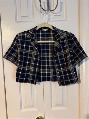 Plaid Crop Blazer Jacket - Navy White